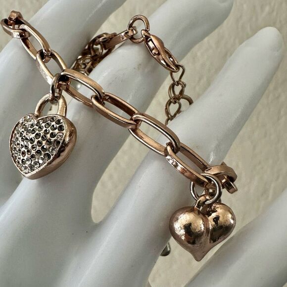 Rose Gold-Tone Charm Bracelet with Hearts,  faux Pearl & Carved Rose - Picture 3 of 8